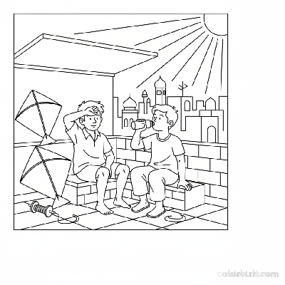 Line art of Indian boys taking a break from kite flying on an Indian shady city rooftop, for coloring.