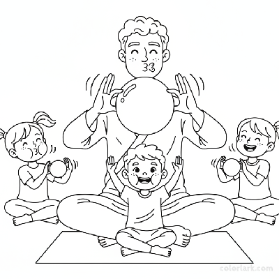 Line art of kids practicing Balloon Breath for relaxation with a yoga instructor.
