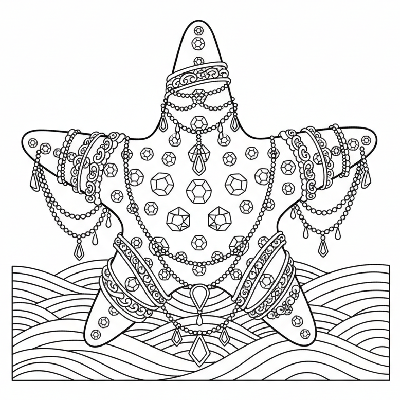 Black and white line art of a starfish adorned with intricate jewelry and gemstones on a textured seabed.