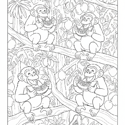 Black and white line art of chimpanzee monkeys eating juicy fruit in an Indian jungle