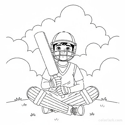 Little Indian boy cricketer, wearing helmet and pads, holding a bat and looking up with a dreamy expression.