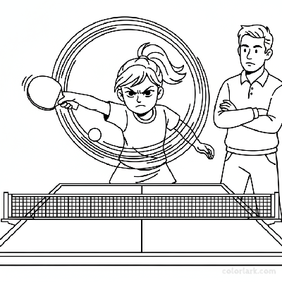 Black and white line art of a young girl focusing on her arm swing for a powerful table tennis spin serve.