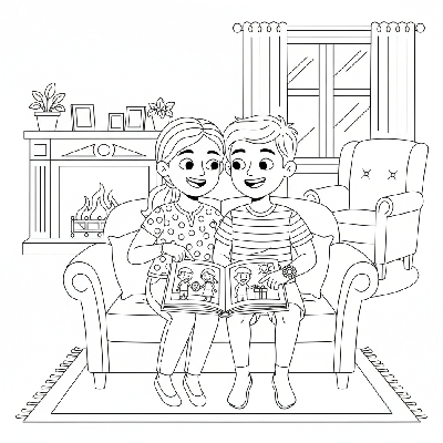 Line art of a sister showing her brother an album of childhood Rakhi memories