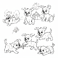 A black-and-white line art illustration depicting six happy brown puppies playing, used for teaching the number 6 to children.