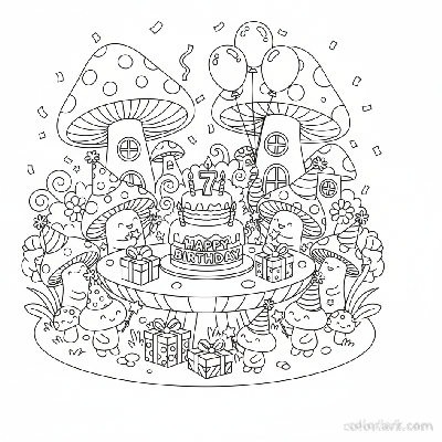 Black and white line art of a whimsical birthday party with cute mushroom characters, cake, balloons, and presents, for coloring.