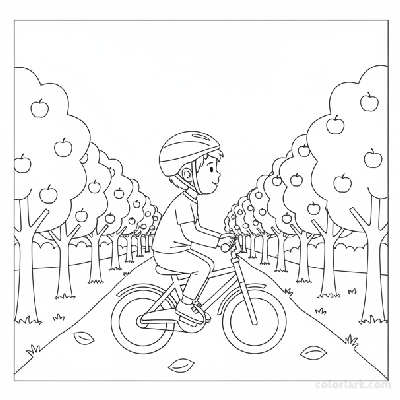 Black and white line art coloring page of a child with a helmet, riding a bicycle down an orchard lane with fruit trees.
