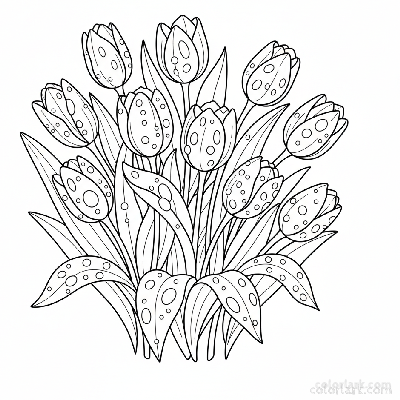 Line art illustration of tulips covered in delicate dew drops, conveying morning freshness