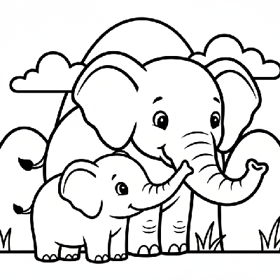 Black and white line art of a mother elephant gently caressing her baby with her trunk.