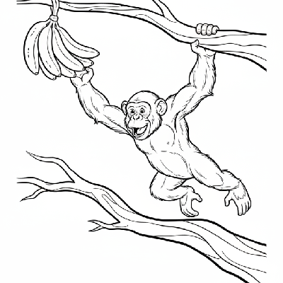 Black and white line art of a Chimpanzee monkey making an impressive leap between branches, reaching for bananas.