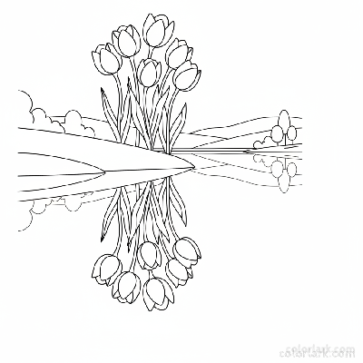 Line art illustration of tulips on a lake shore with their reflections in the calm water