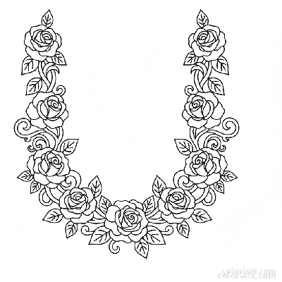 Black and white line art of an elegant rose garland with multiple blooms and leaves, draped gracefully