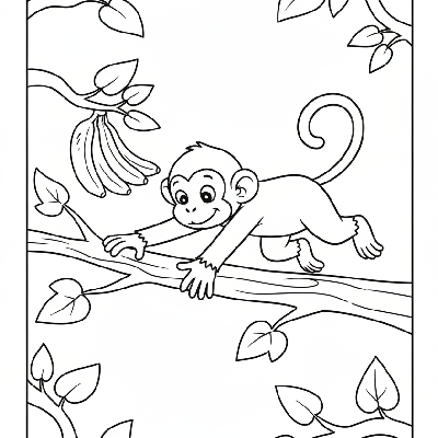 Line art of a curious monkey mid-jump onto a branch, reaching for a newly discovered cluster of bananas.