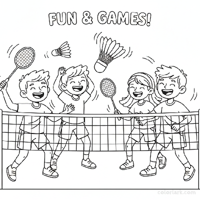 Four happy children smiling and playing a doubles badminton game at school.