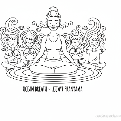 Line art of children learning Ocean Breath (Ujjayi) with a yoga instructor.