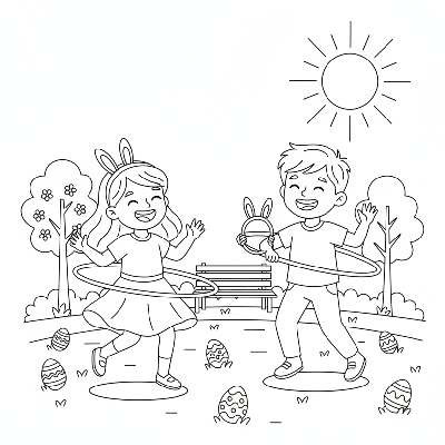 Black and white line art of two joyful children playing with Easter bunny-themed hula hoops in a park.