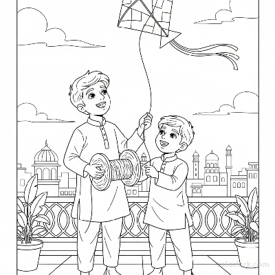 Line art of two Indian boys sharing a kite on a peaceful Indian city terrace, suitable for coloring.