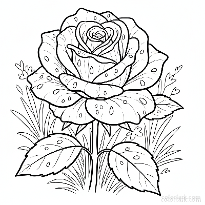 Black and white line art of a blooming rose with rain droplets clinging to its petals and leaves