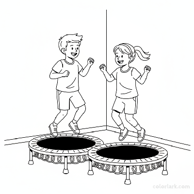 Black and white line art of two happy kids, a boy and a girl, bouncing side-by-side on separate trampolines in a kids' gym.