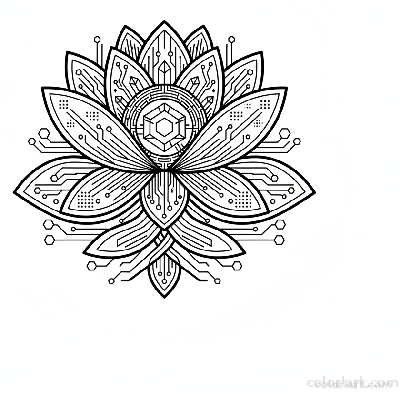 Black and white line art of a futuristic lotus design with integrated digital elements.