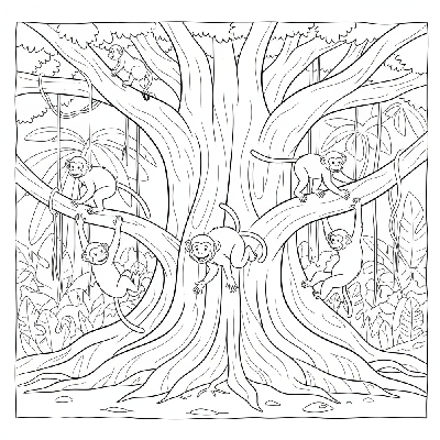 Black and white line art of playful monkeys swinging on giant tree roots in an Indian jungle