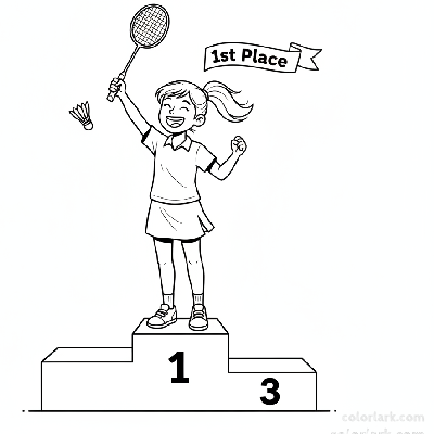 Line art of a girl badminton tournament winner raising her racket on a podium.