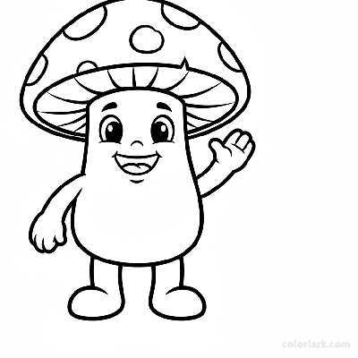 Black and white line art of a cute, anthropomorphic cartoon mushroom character with a smiling face and waving arm, for coloring.