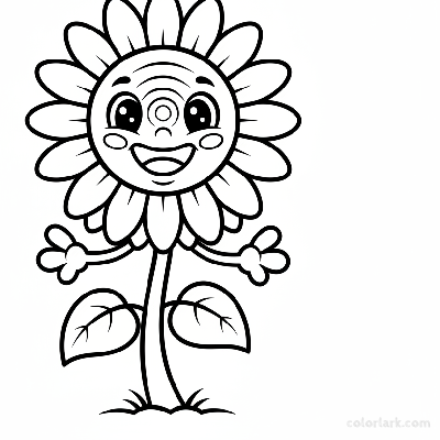 Black and white line art of a smiling cartoon sunflower with eyes and arms