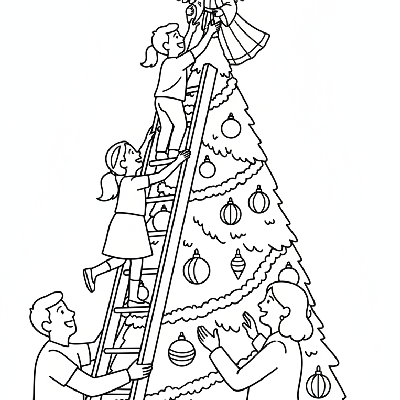 Line art of kids climbing a ladder to decorate the top of a grand Christmas tree with family.