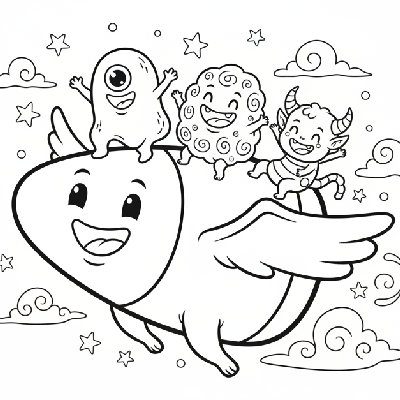 Black and white line art of happy little monsters riding a giant flying candy corn, Halloween coloring page.