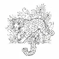 Black and white line art of a mighty jaguar prowling near the letter J.