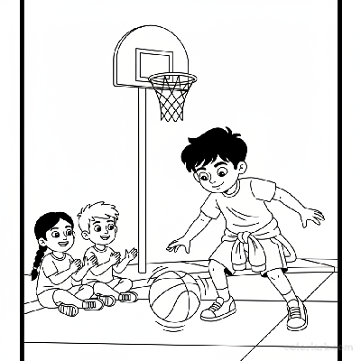 Line art of Indian children practicing dribbling skills on a pavement, with two friends watching.