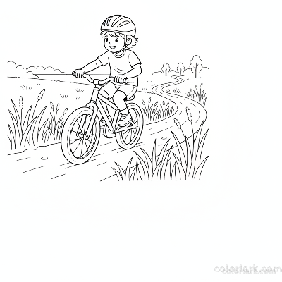 Black and white line art coloring page of a child with a helmet, riding a bicycle on a winding grassland trail.