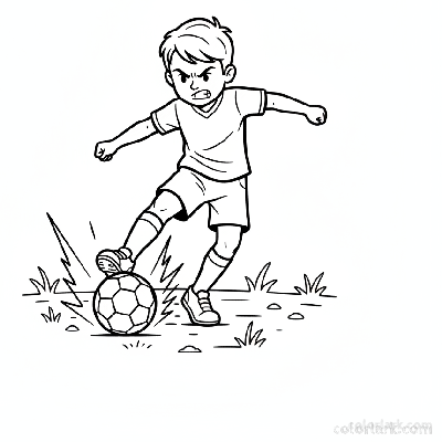Line art of a child kicking a football with fierce determination.