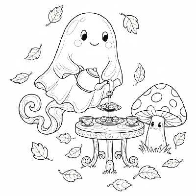 Black and white line art of a friendly ghost hosting a sweet tea party with autumn leaves, Halloween coloring page.