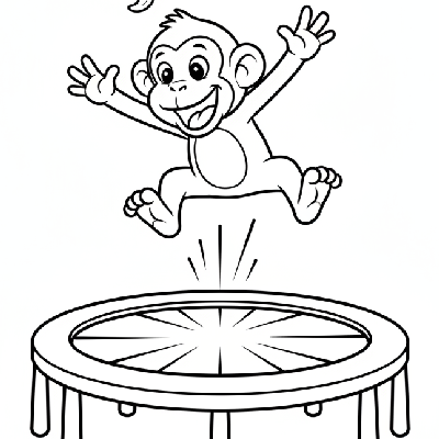 Black and white line art of a monkey jumping high on a trampoline, with a banana mid-air, looking delighted.
