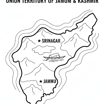Line art coloring map of Jammu and Kashmir UT, featuring Dal Lake with a Shikara boat and its capitals.