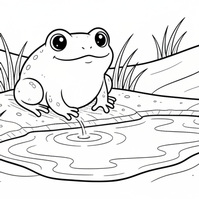 Line art of an adorable frog exploring a sandy dune pond.
