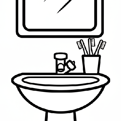Black and white line art of a bathroom vanity set, including a mirror, sink, and toothbrush holder, all composed of circles, squares, and triangles for coloring.