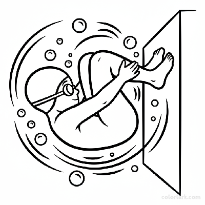 Black and white line art of a child doing a freestyle flip turn underwater in a pool, wearing a swim cap and goggles.