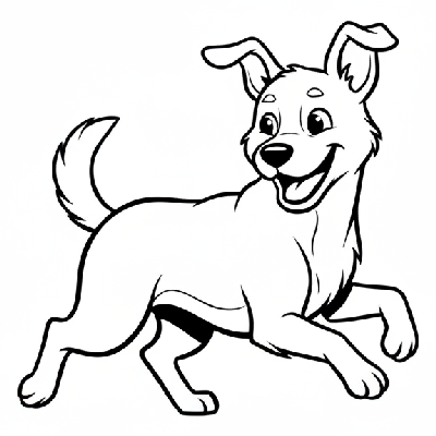 Black and white line art drawing of a playful dog running and looking back as if to say 'catch me', an easy coloring sheet for Indian preschoolers.