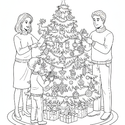 Line art of a family decorating a Christmas tree with detailed blown glass figurine ornaments.