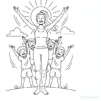 Line art of children practicing Growing Tall Breath with a yoga teacher.