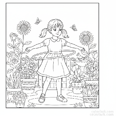 Line art of a girl practicing hula hoop in a home garden