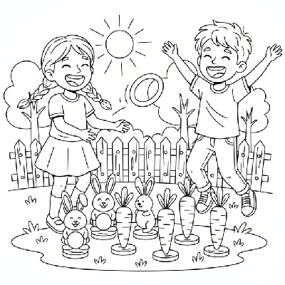Black and white line art of two children playing ring toss with bunny and carrot targets outdoors.
