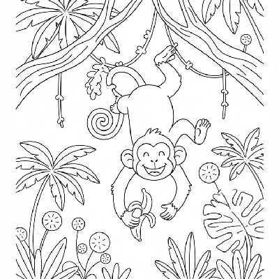 Black and white line art of a monkey performing a playful somersault in the air between branches, holding a banana.