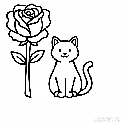 Easy rose and a friendly cat outline coloring page for pet lovers, black and white line art, simple flower and pet drawing.