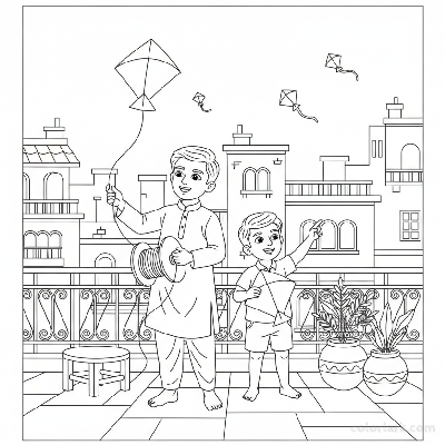 Line art of two Indian brothers flying kites together on an Indian residential terrace, for coloring.