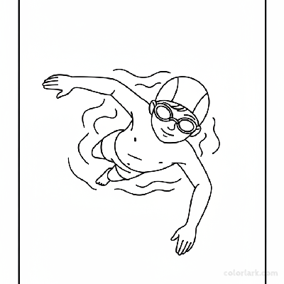 Black and white line art overhead view of a child swimming freestyle in a pool, wearing a swim cap and goggles.