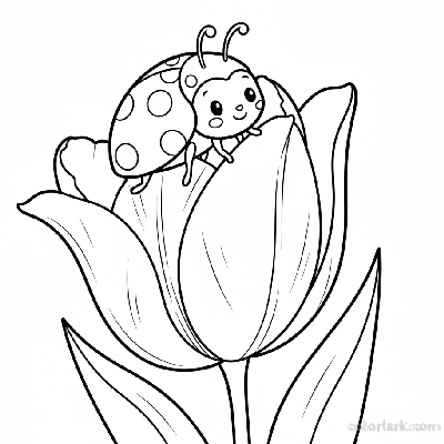 Line art illustration of a friendly ladybug perched on a tulip petal