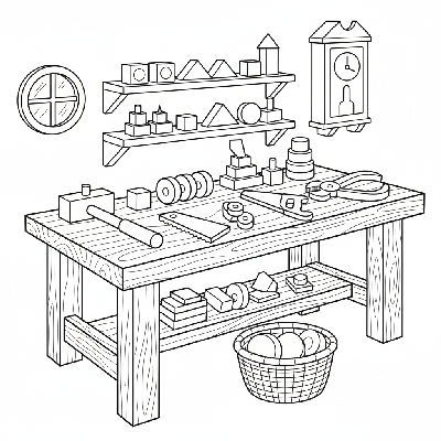 Black and white line art of a toy maker's workshop with a workbench, tools, and unfinished wooden toys, all composed of circles, squares, and triangles.